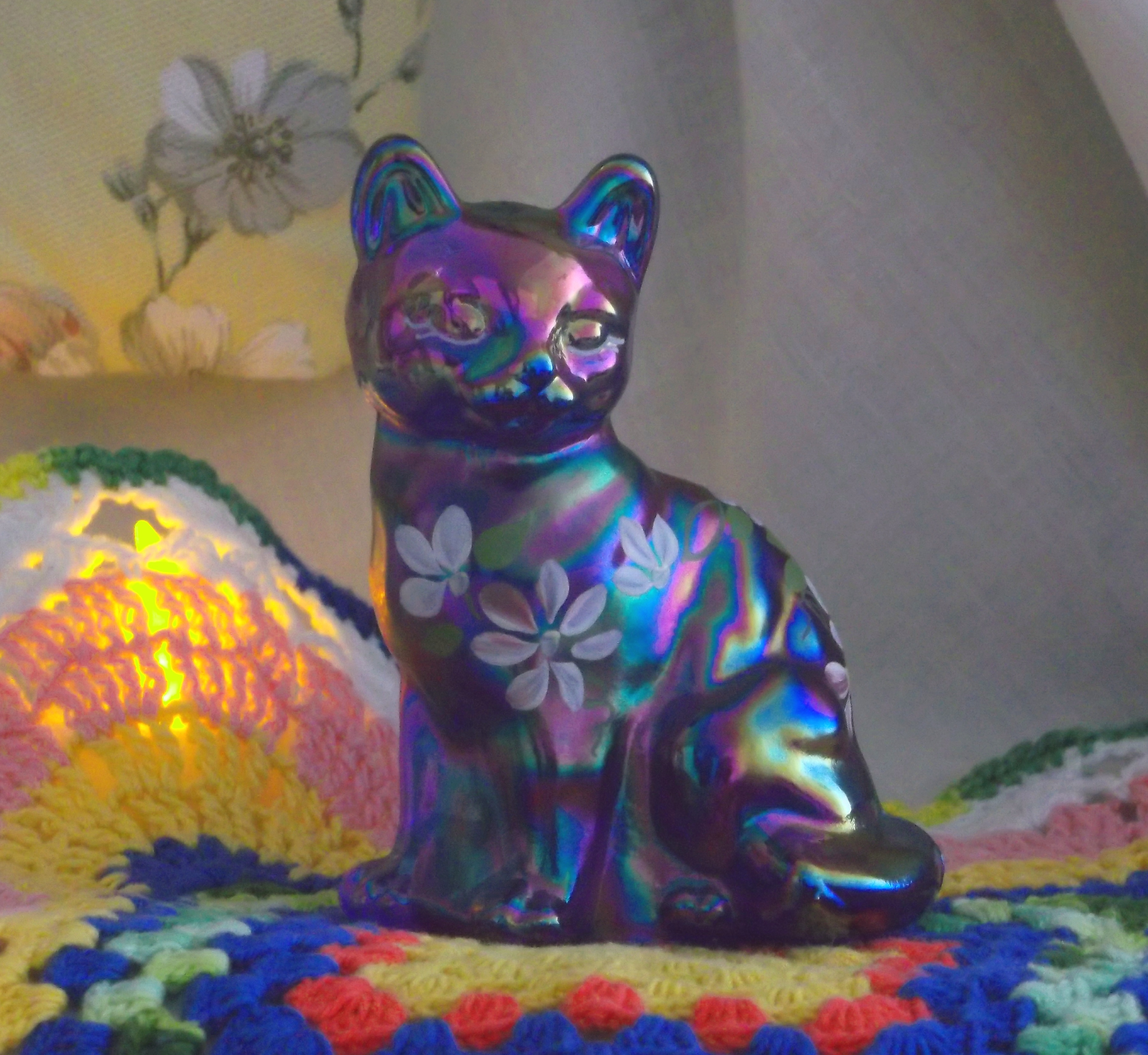 FENTON 花柄 CAT キャット 猫 フェントン ブルーガラス 置物 Fenton