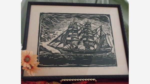 Framed Wood-Cut Clipper Ship - Signed by Artist
