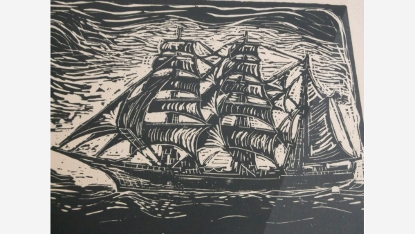 Framed Wood-Cut Clipper Ship - Signed by Artist