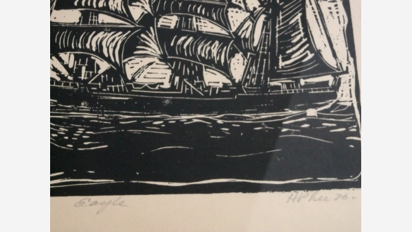 Framed Wood-Cut Clipper Ship - Signed by Artist