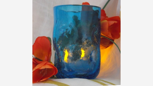 Pair Mid-Century Crackled-Glass Blue Tumblers - Free Shipping!