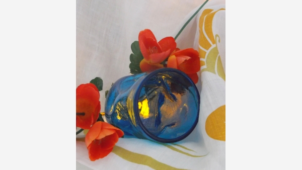 Pair Mid-Century Crackled-Glass Blue Tumblers - Free Shipping!