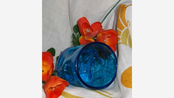 Pair Mid-Century Crackled-Glass Blue Tumblers - Free Shipping!