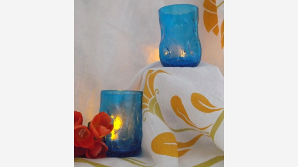 Pair Mid-Century Crackled-Glass Blue Tumblers - Free Shipping!