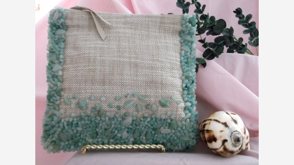 Beaded Linen Clutch - Jade-like Beads