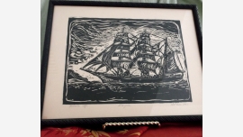 Framed Wood-Cut Clipper Ship - Signed by Artist