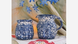 Indigo-blue Spongeware Glazed Sugar & Creamer - Free Shipping!