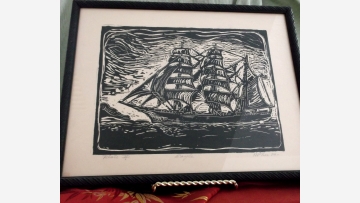 Handsome Wood-Block Print - Cutter Ship "The Eagle" - Free Shipping!